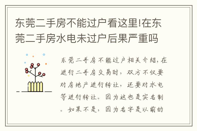 东莞二手房不能过户看这里!在东莞二手房水电未过户后果严重吗？买二手房水电怎么过户？