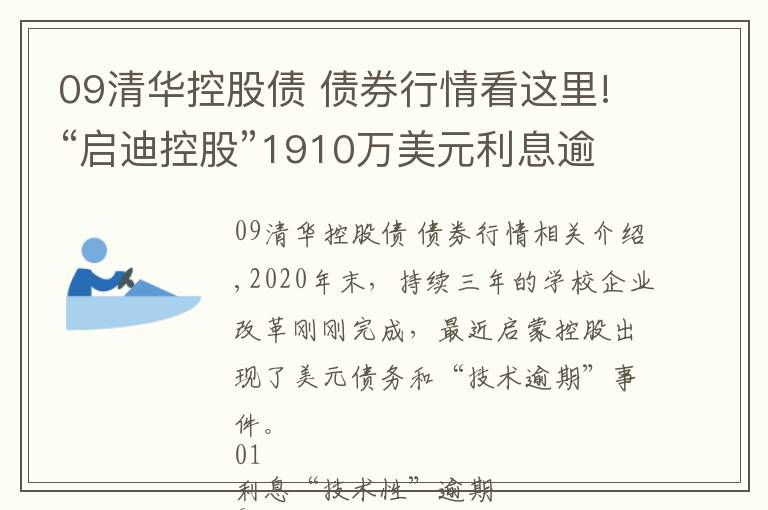 09清华控股债 债券行情看这里!“启迪控股”1910万美元利息逾期，年内还有4亿美元债将到期