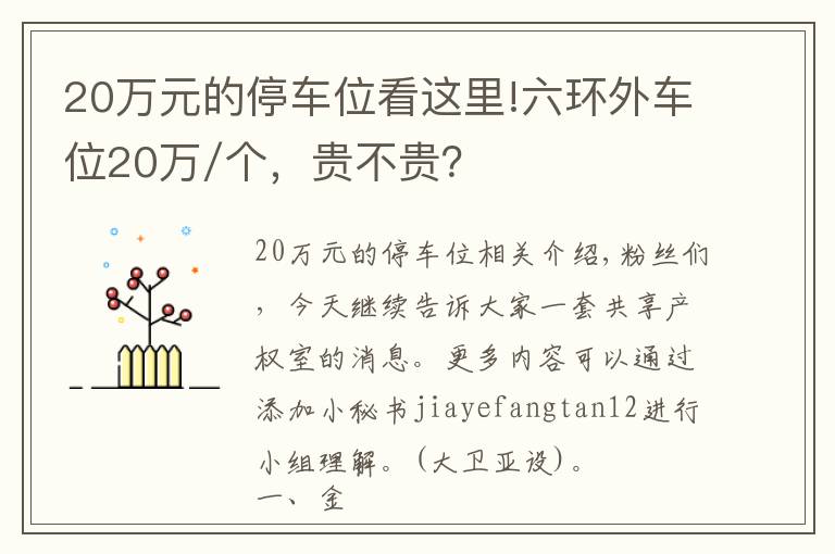 20万元的停车位看这里!六环外车位20万/个，贵不贵？