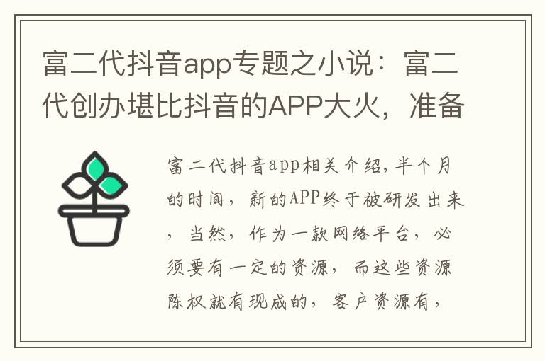 富二代抖音app专题之小说：富二代创办堪比抖音的APP大火，准备再开发一款没团APP