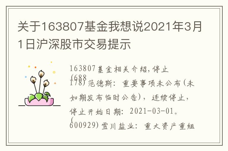 关于163807基金我想说2021年3月1日沪深股市交易提示