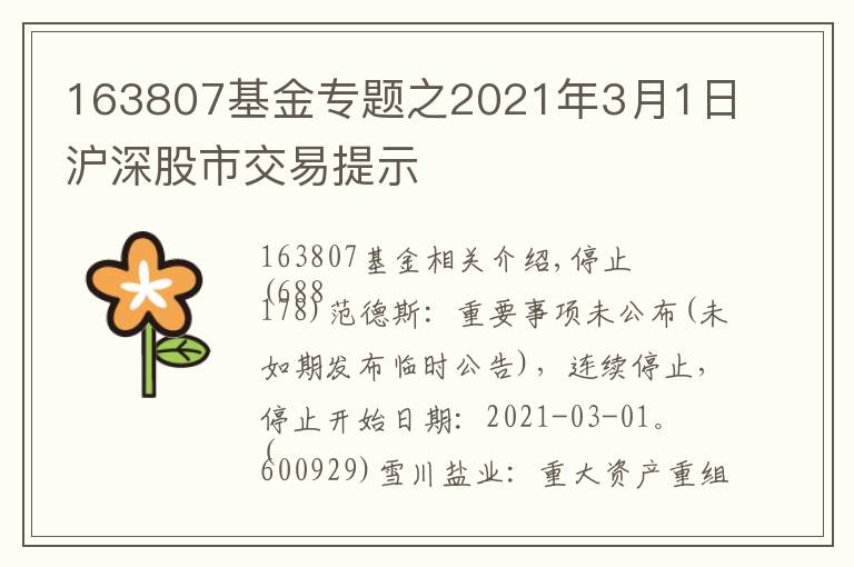 163807基金专题之2021年3月1日沪深股市交易提示