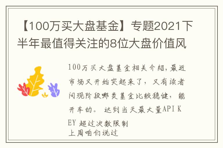 【100万买大盘基金】专题2021下半年最值得关注的8位大盘价值风格基金经理测评