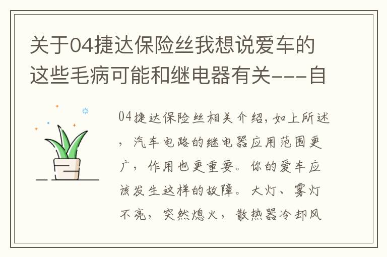 关于04捷达保险丝我想说爱车的这些毛病可能和继电器有关---自己动手修车之二