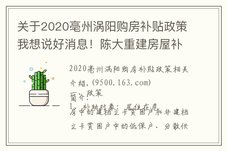 关于2020亳州涡阳购房补贴政策我想说好消息！陈大重建房屋补助2万5，修缮加固补助6千元！