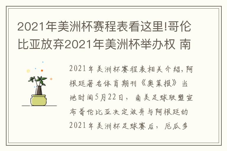 2021年美洲杯赛程表看这里!哥伦比亚放弃2021年美洲杯举办权 南美三国申请“接手”相关赛事