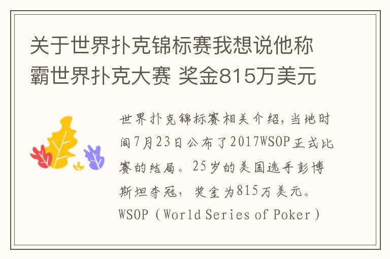 关于世界扑克锦标赛我想说他称霸世界扑克大赛 奖金815万美元