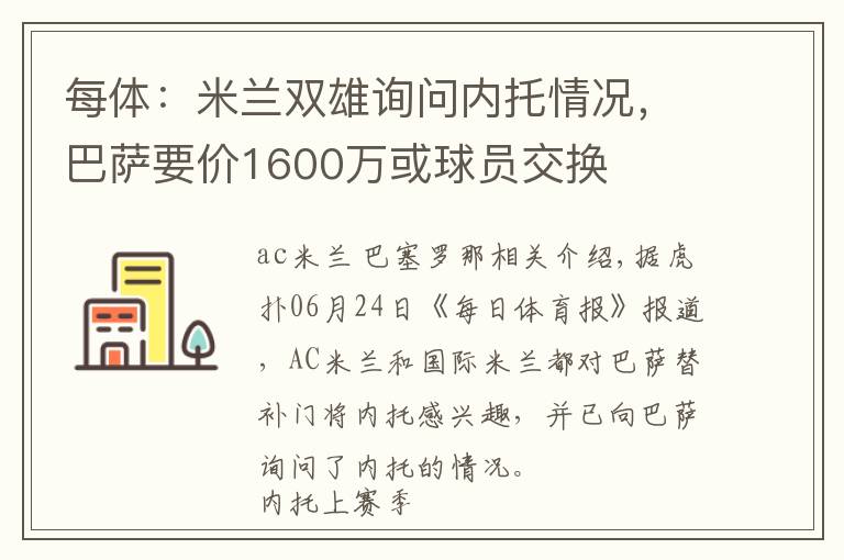 每体：米兰双雄询问内托情况，巴萨要价1600万或球员交换