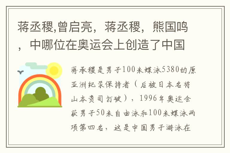 蒋丞稷曾启亮蒋丞稷熊国鸣中哪位在奥运会上创造了中国男选手的最好