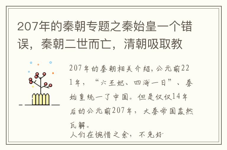 207年的秦朝专题之秦始皇一个错误，秦朝二世而亡，清朝吸取教训，得国268年！