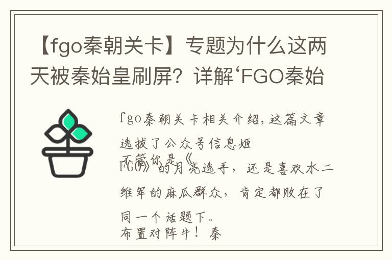 【fgo秦朝关卡】专题为什么这两天被秦始皇刷屏？详解‘FGO秦始皇事件’！