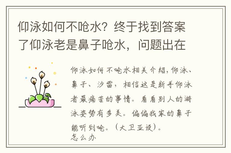 仰泳如何不呛水？终于找到答案了仰泳老是鼻子呛水，问题出在这里