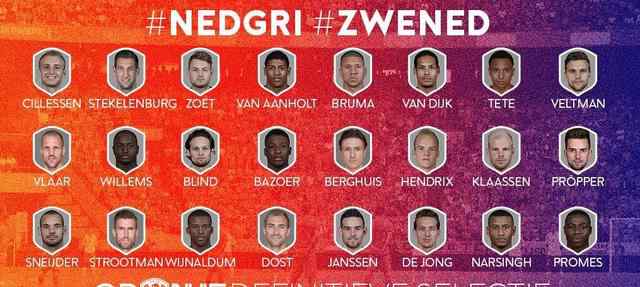 荷兰队大名单 荷兰最新24人名单公布：布林德斯内德领衔 德佩落选