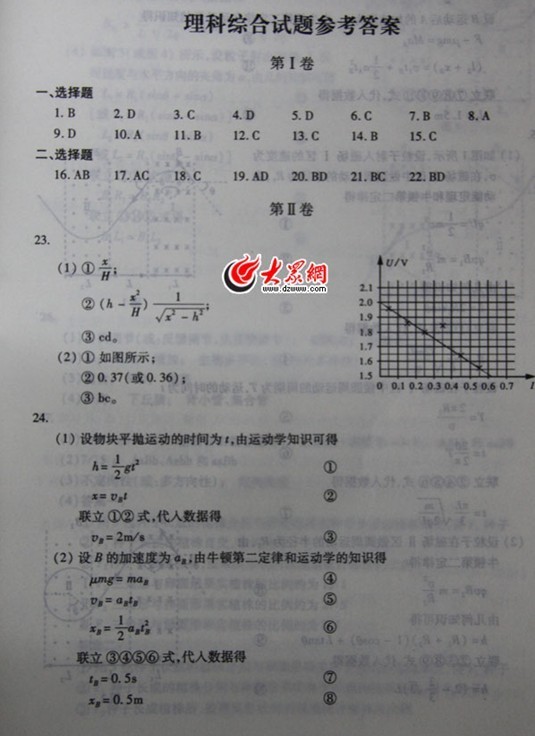 2011山东理综 高考资源网:2011高考理综答案（山东卷）