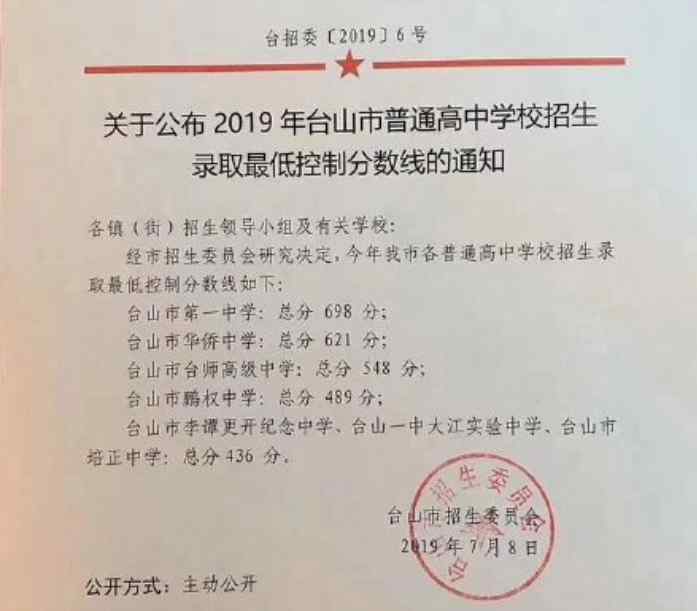  台山市教育局：2019年广东江门台山中考录取分数线（已公布）