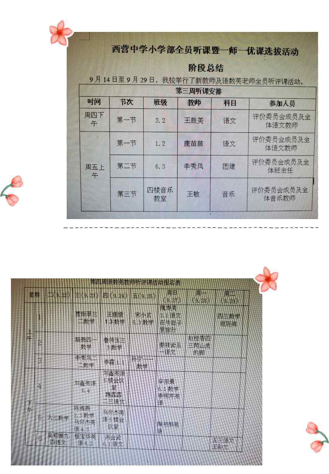 李雪珂 西营镇初级中学小学部小学语文教研组第一次听课总结汇报