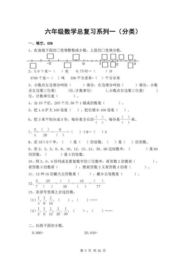 小学六年级数学总复习题库（分类）