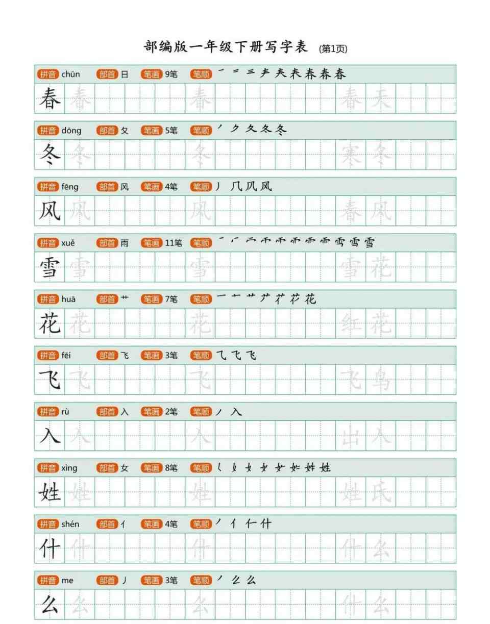 一年级汉字拼音打印版 部编版一年级下册语文课本生字字帖（带拼音和笔顺），可给孩子打印练字用！