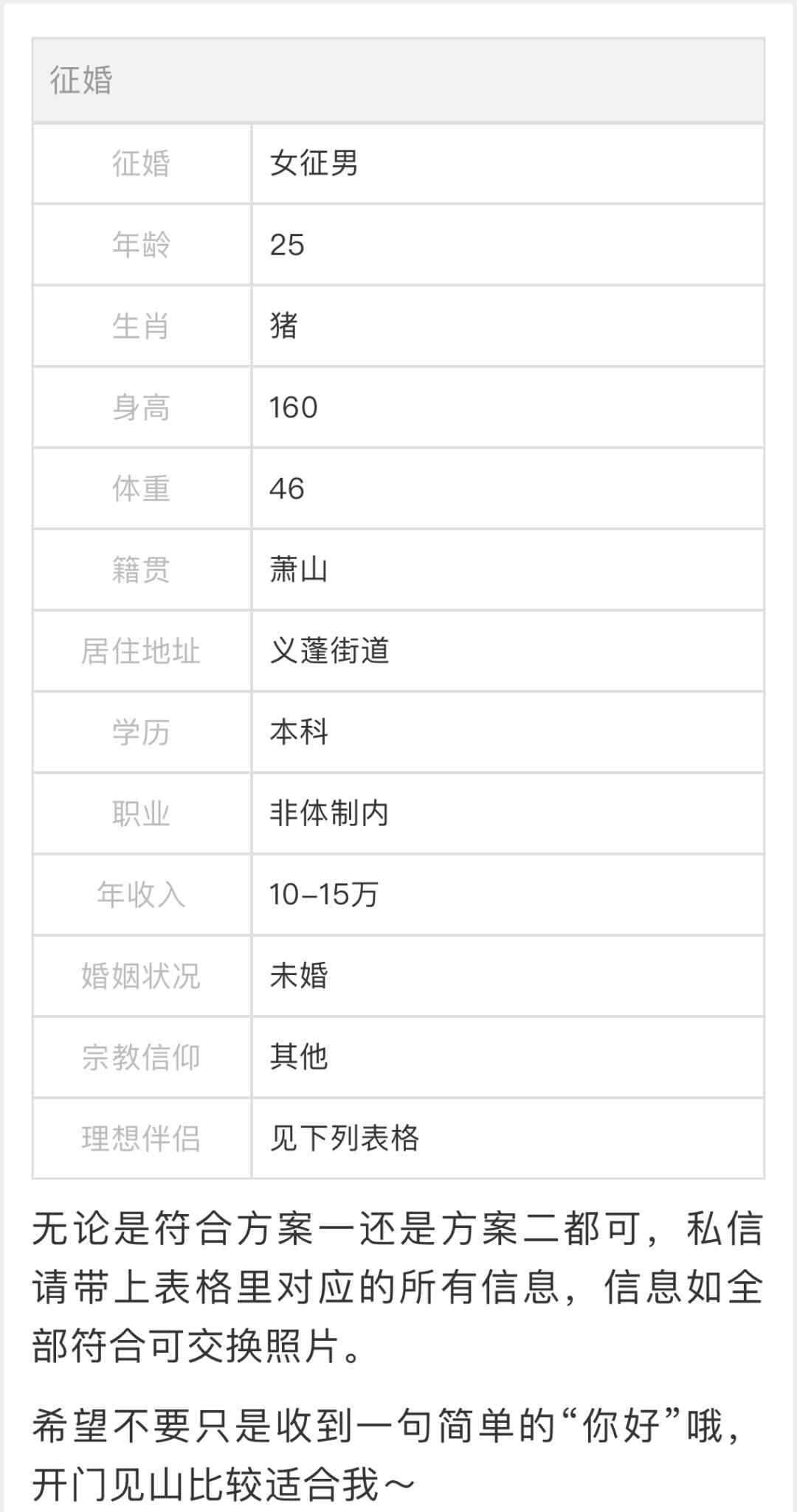 杭州姑娘发征婚帖 私信炸了！网友：你这是在选套餐？