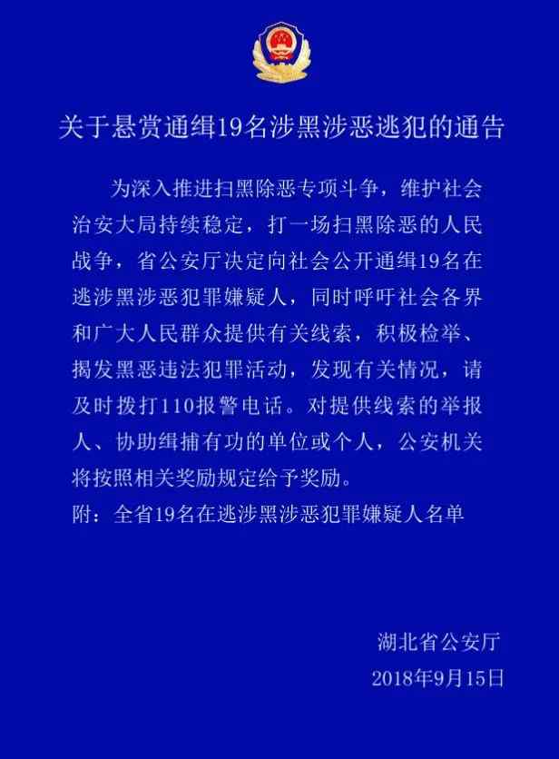 湖北身份证号码 【扫黑】湖北省公安厅发布通报：悬赏通缉19名涉黑涉恶逃犯（附照片）