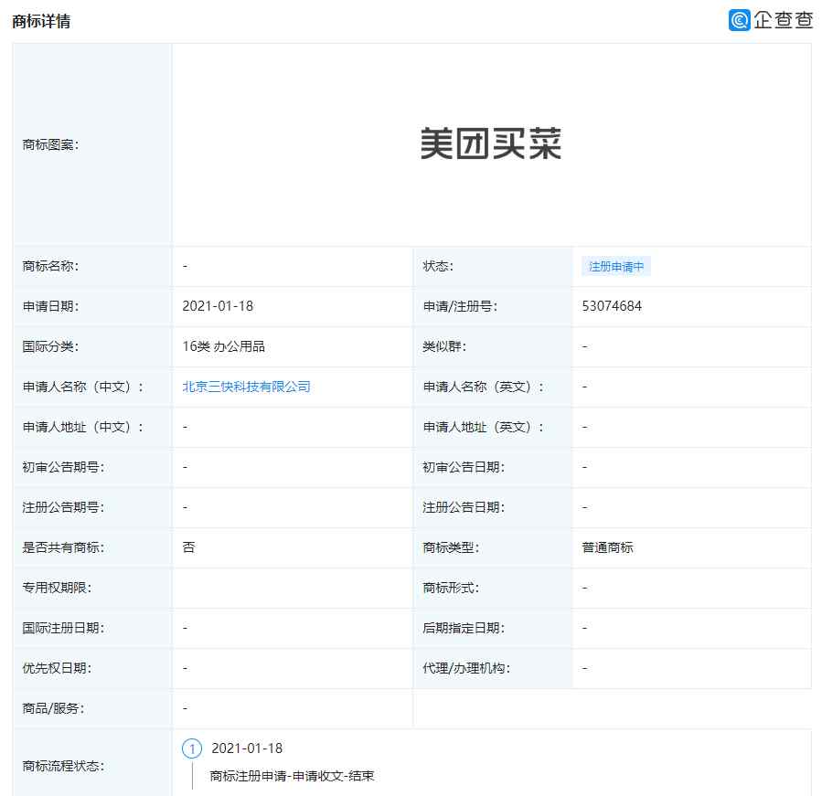 美团买菜 美团申请“美团买菜”相关商标