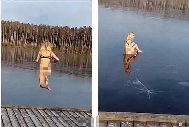 一名泳装女子站在屋顶，准备向泳池飞跃跳水，结果伴随着一声巨响
