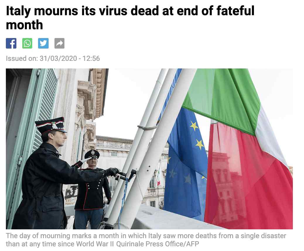 意大利全国降半旗 今日，意大利降半旗