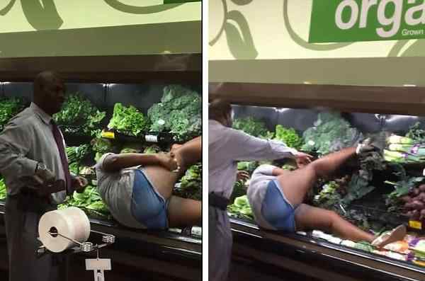 超市女子泡蔬菜浴 用蔬菜揉搓腿部和脖子