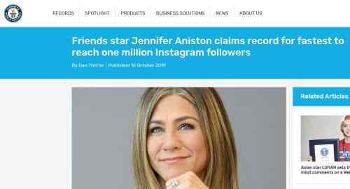 好莱坞女星詹妮弗·安妮斯顿Jennifer Aniston社交账号创纪录