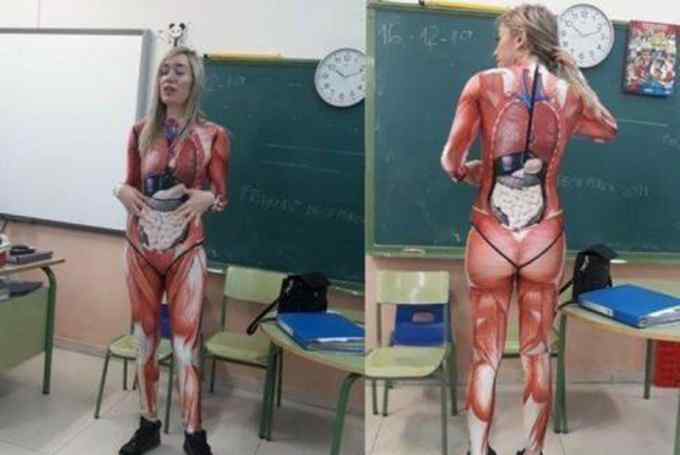 西班牙人体 求真实生动！西班牙女教师将人体解剖图穿身上 另类教学获赞