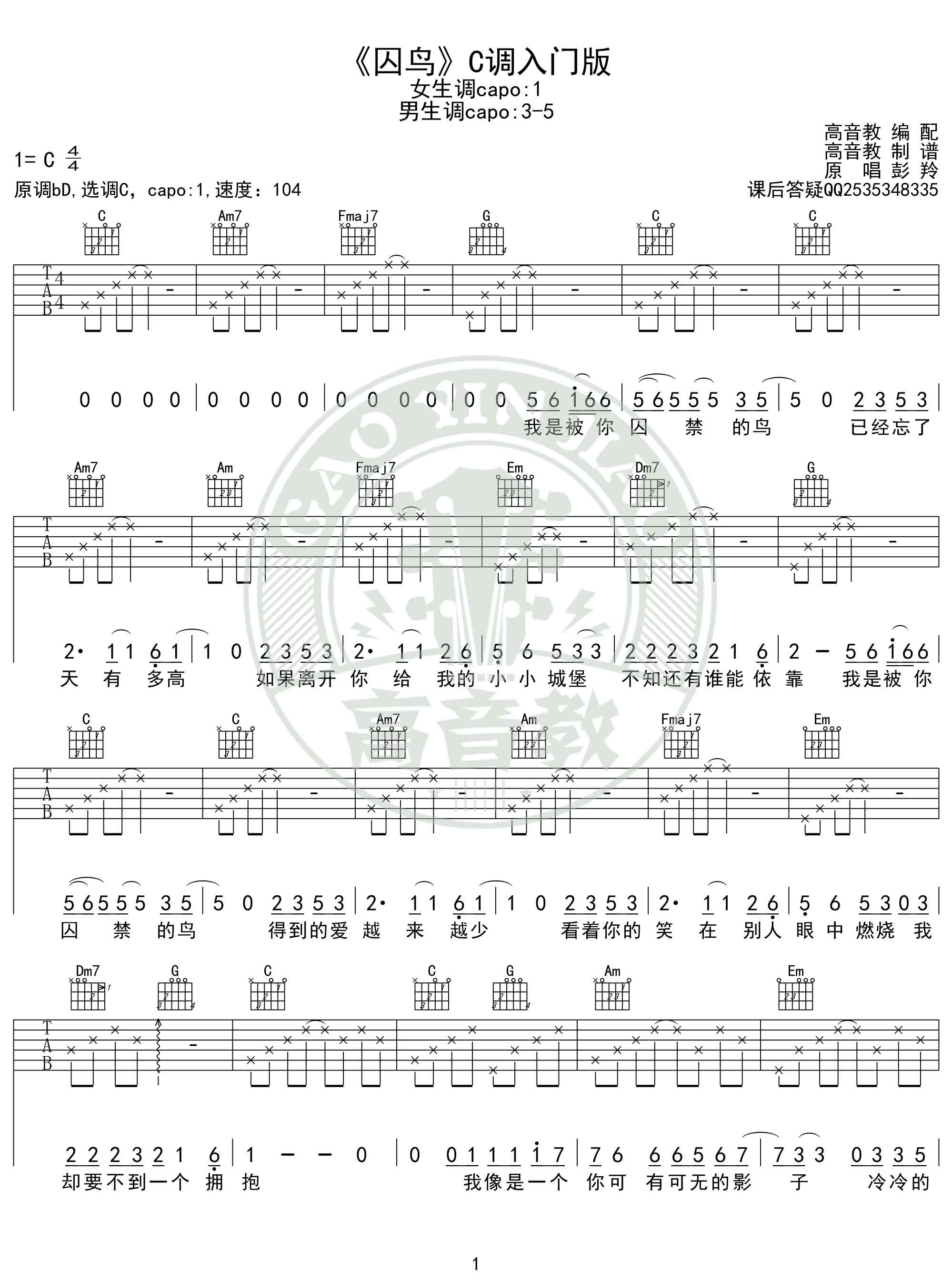 囚鸟吉他谱 抖音热曲《囚鸟》吉他谱C调入门版 猴哥吉他教学 高音教编配