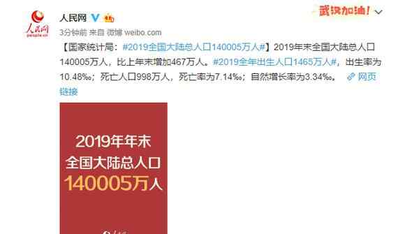 2019中国人口统计 国家统计局：2019全国大陆总人口140005万人