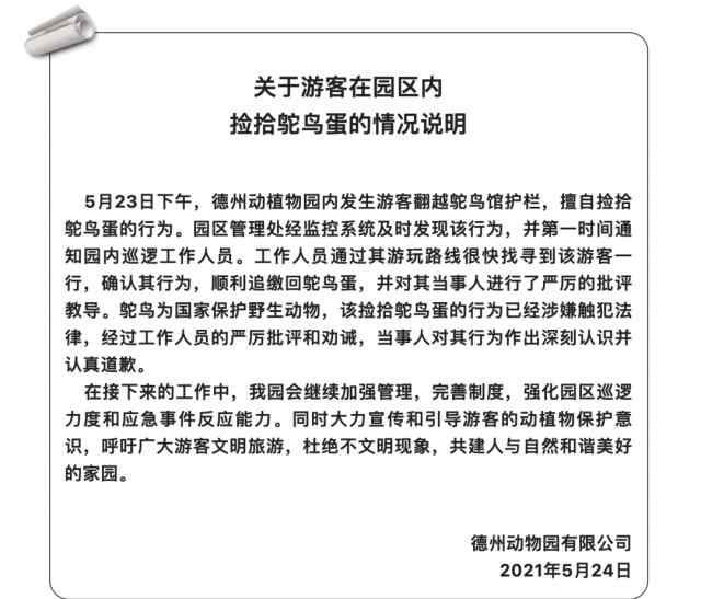 女子进鸵鸟圈偷蛋 园方通报来了 事情的详情始末是怎么样了！