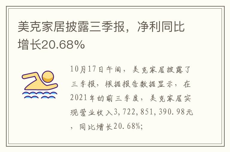 美克家居披露三季报，净利同比增长20.68%