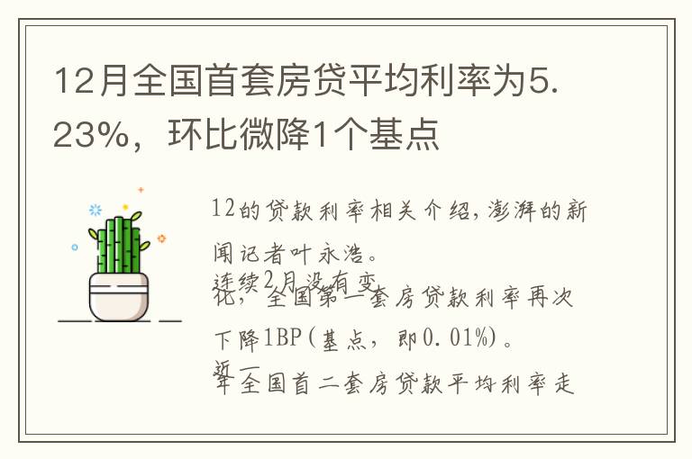 12月全国首套房贷平均利率为5.23%，环比微降1个基点