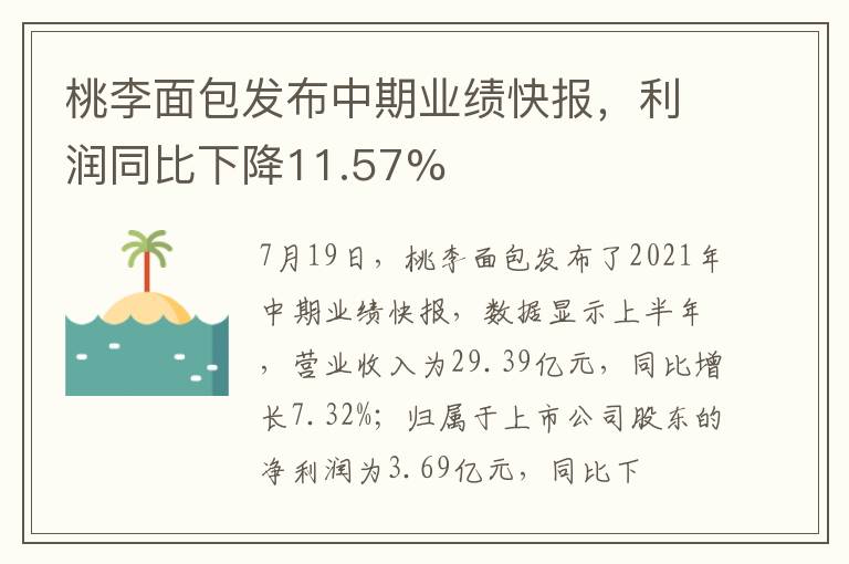 桃李面包发布中期业绩快报，利润同比下降11.57%