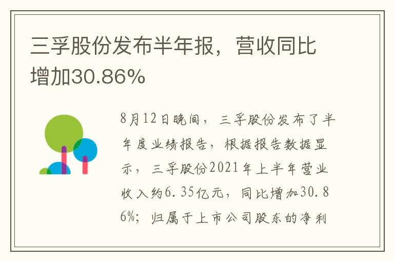 三孚股份发布半年报，营收同比增加30.86%