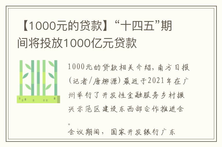 【1000元的贷款】“十四五”期间将投放1000亿元贷款