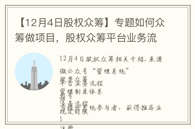 【12月4日股权众筹】专题如何众筹做项目，股权众筹平台业务流程