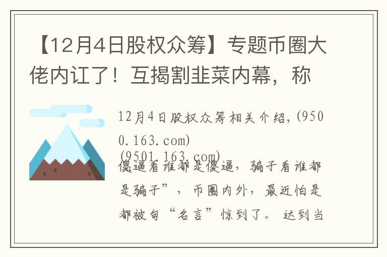 【12月4日股权众筹】专题币圈大佬内讧了！互揭割韭菜内幕，称“骗子看谁都是骗子”，被揭底裤的大佬们纷纷还击