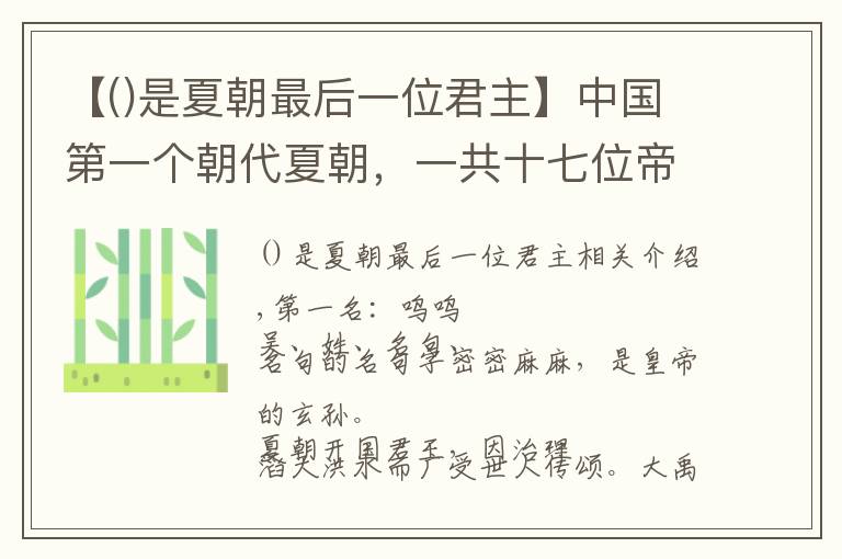 【是夏朝最后一位君主】中国第一个朝代夏朝，一共十七位帝王。距今已有4000多年