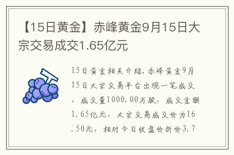 【15日黄金】赤峰黄金9月15日大宗交易成交1.65亿元