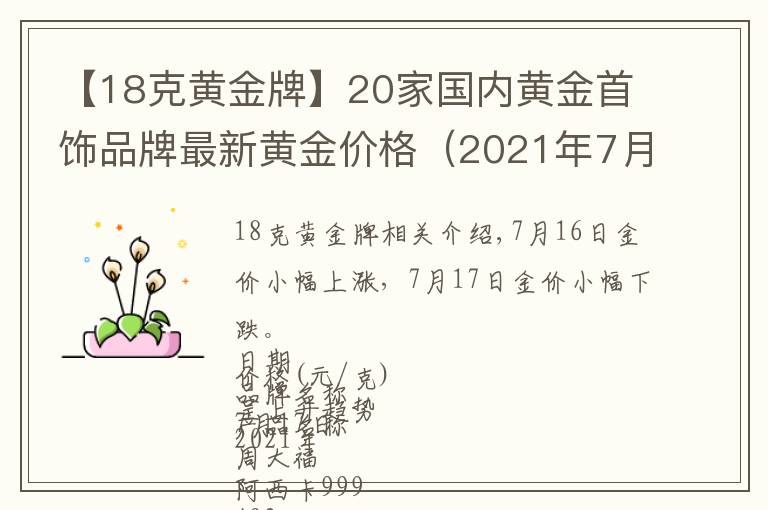 【18克黄金牌】20家国内黄金首饰品牌最新黄金价格（2021年7月18日）