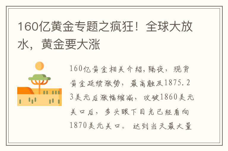 160亿黄金专题之疯狂！全球大放水，黄金要大涨