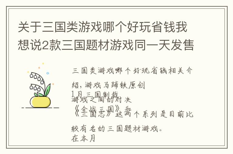 关于三国类游戏哪个好玩省钱我想说2款三国题材游戏同一天发售！结果评价却是两个极端