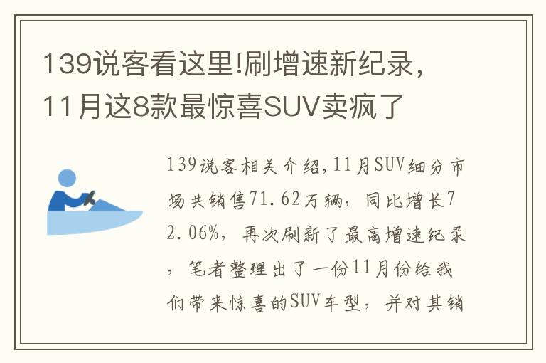 139说客看这里!刷增速新纪录，11月这8款最惊喜SUV卖疯了