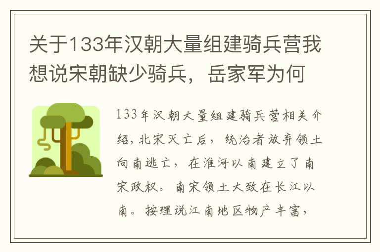 关于133年汉朝大量组建骑兵营我想说宋朝缺少骑兵，岳家军为何能在短时间内，组建一支强劲的骑兵旅？