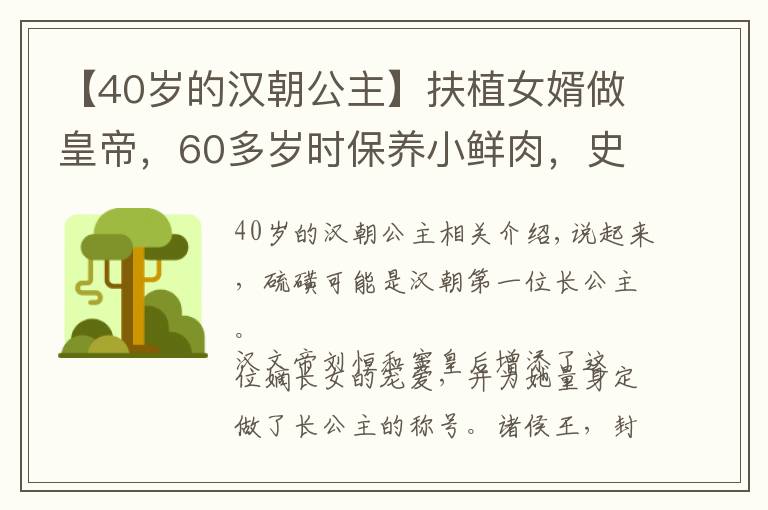【40岁的汉朝公主】扶植女婿做皇帝，60多岁时保养小鲜肉，史上最奇葩的长公主刘嫖