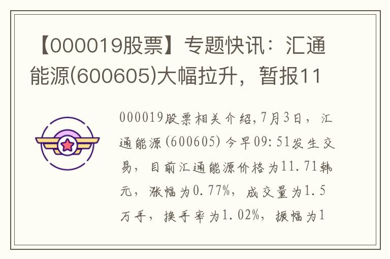 【000019股票】专题快讯：汇通能源(600605)大幅拉升，暂报11.71元