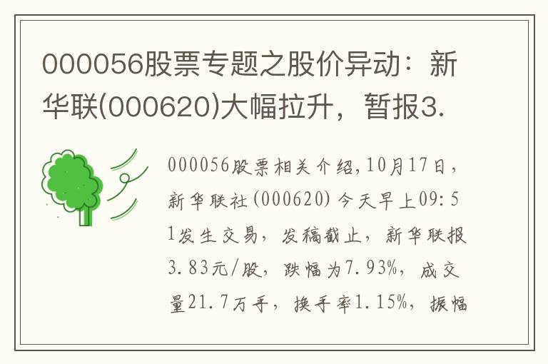 000056股票专题之股价异动：新华联(000620)大幅拉升，暂报3.83元